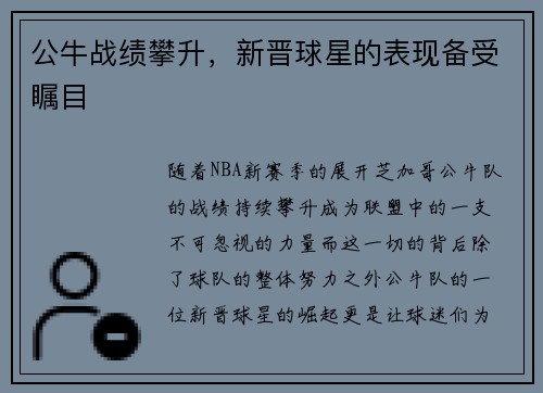公牛战绩攀升，新晋球星的表现备受瞩目